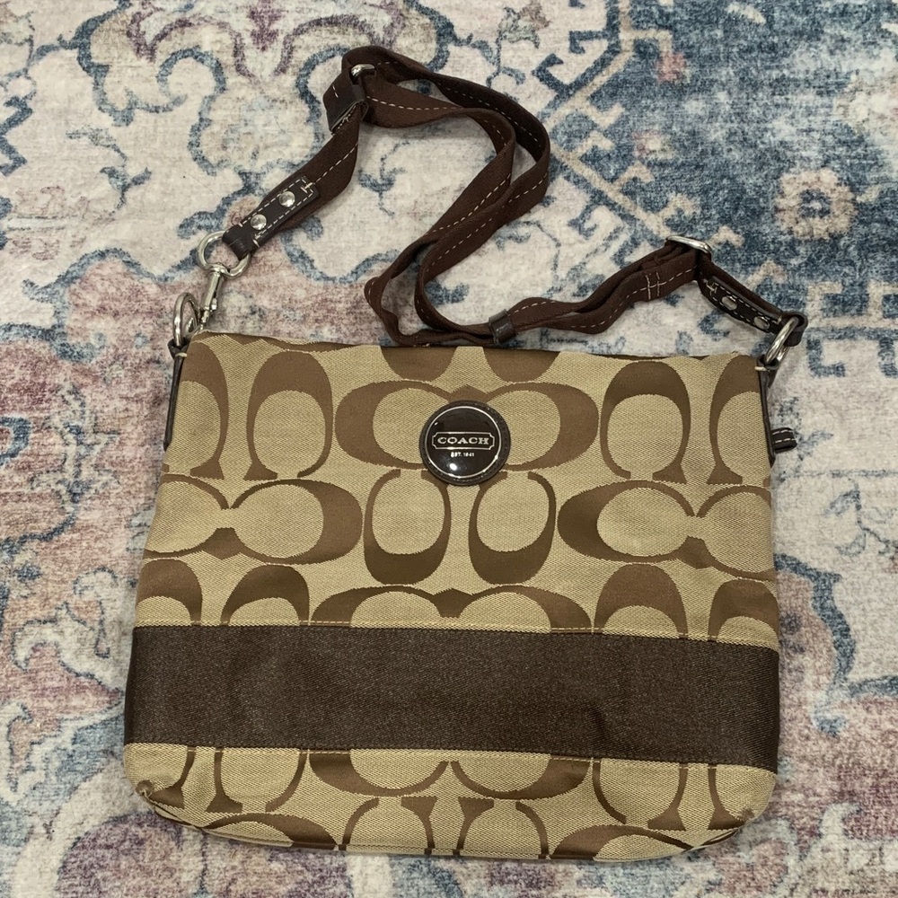 Coach Signature Brown and Tan cross body or shoulder Bag with adjustable strap